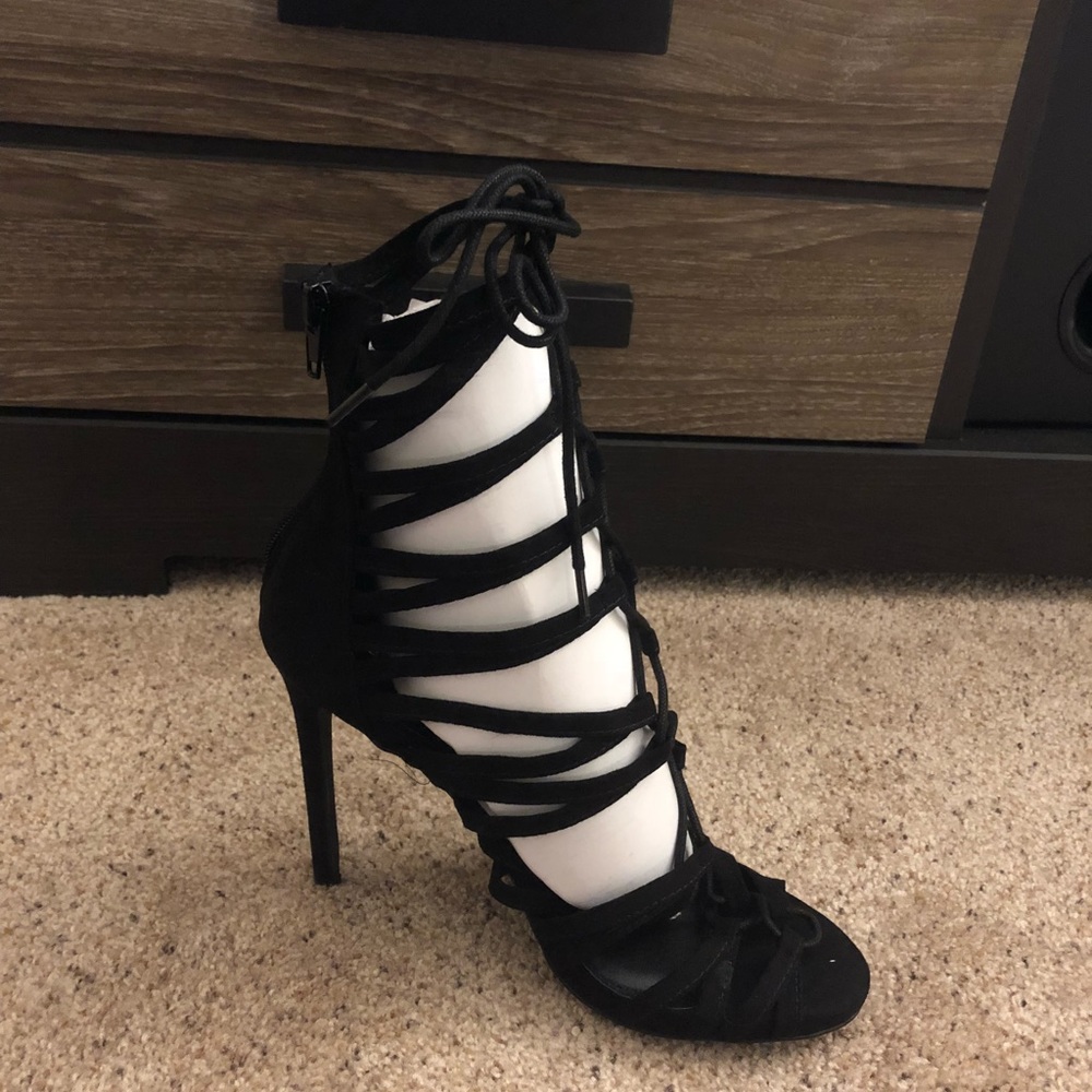 Lace-up front, suede black heels